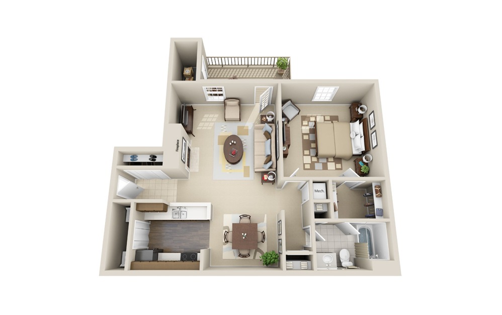 The Tutwiler - 1 bedroom floorplan layout with 1 bath and 875 square feet.